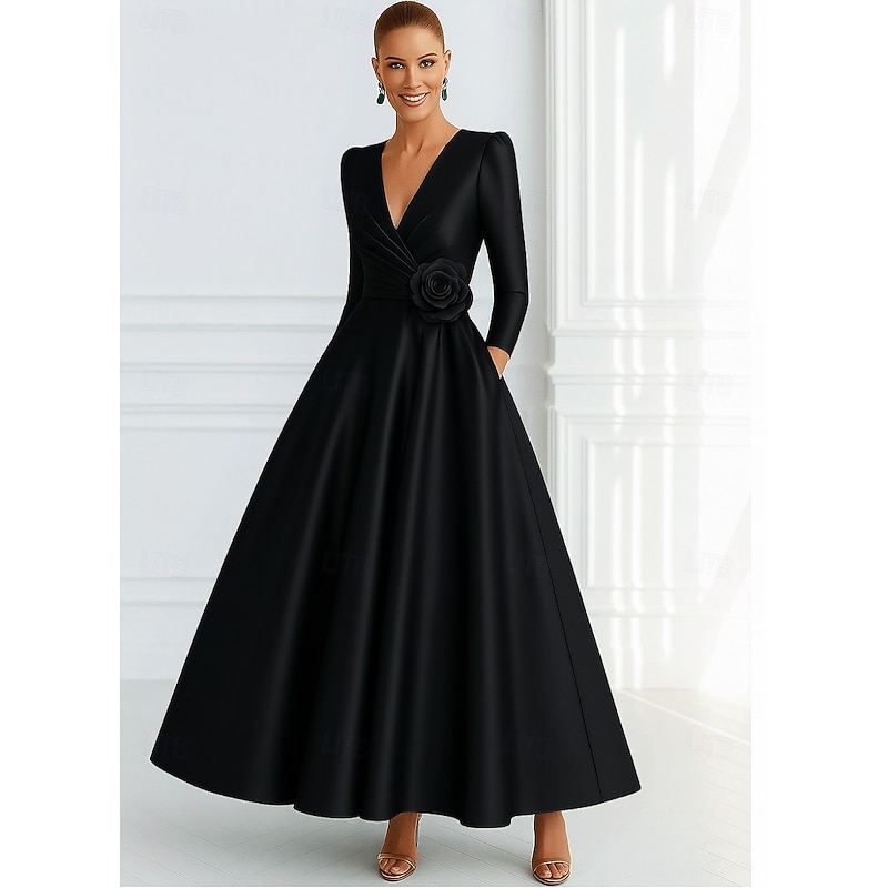 Blue Black A-Line Evening Gown Elegant Dress Formal Wedding Floor Length 3/4 Length Sleeve V Neck Pocket Satin with Pocket 20253