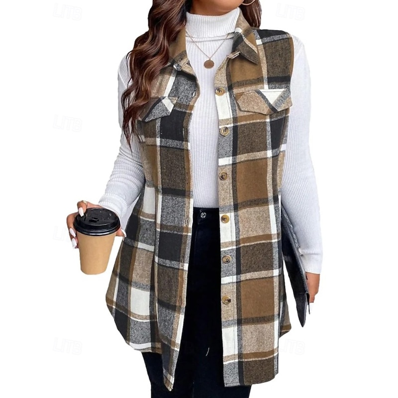 Women's Vest Comfortable Pocket Buttons Casual Plaid Vacation Street Casual Daily Wear Regular Turndown Regular Fit Sleeveless Outerwear Black Red Orange Fall Winter