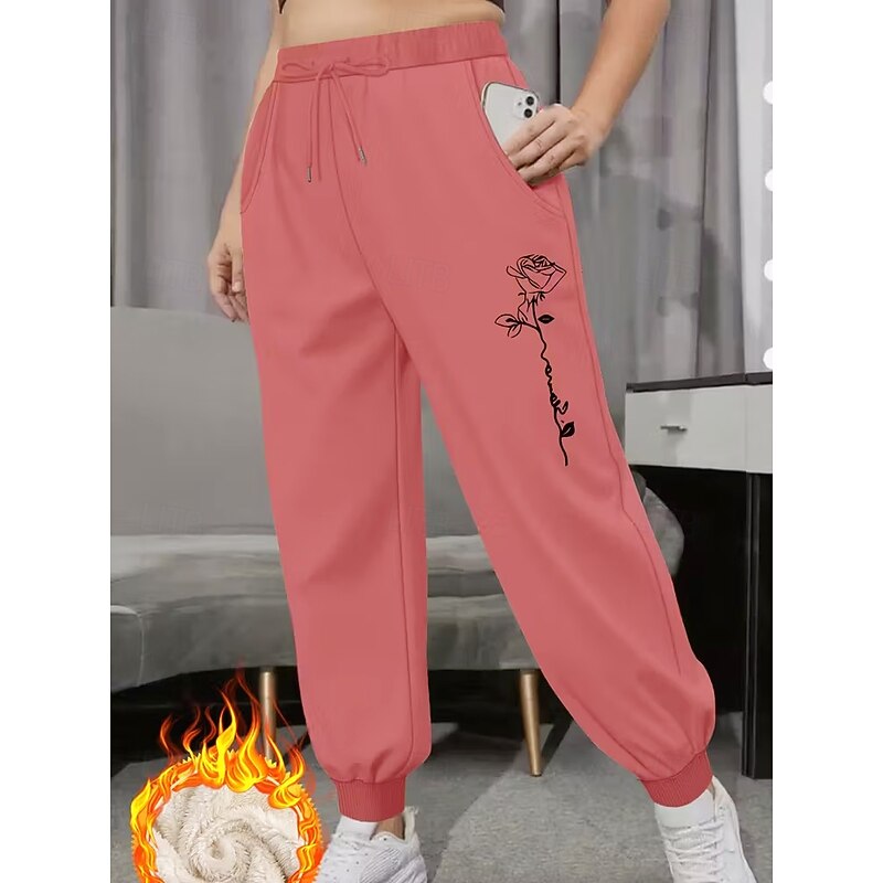 Women's Sweatpants Vacation Vintage Ethnic Style Full Length High Waist Floral Graphic Drawstring Pocket Fleece Thermal Warm Windproof Comfy High Elasticity Formal Vacation Street Dark-Gray Black Pink