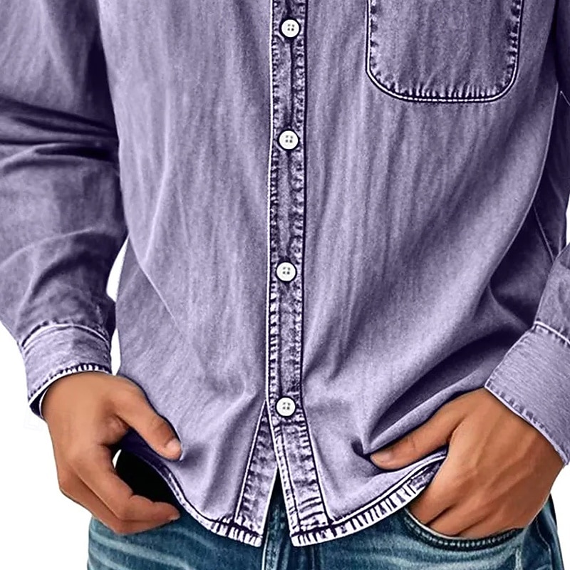 Men's Shirt Casual Shirt Vintage Shirt Button Up Shirt Black Light Green Wine Navy Blue Blue Long Sleeve Plain Lapel Going out Streetwear Pocket Clothing Apparel Fashion Retro Vintage3