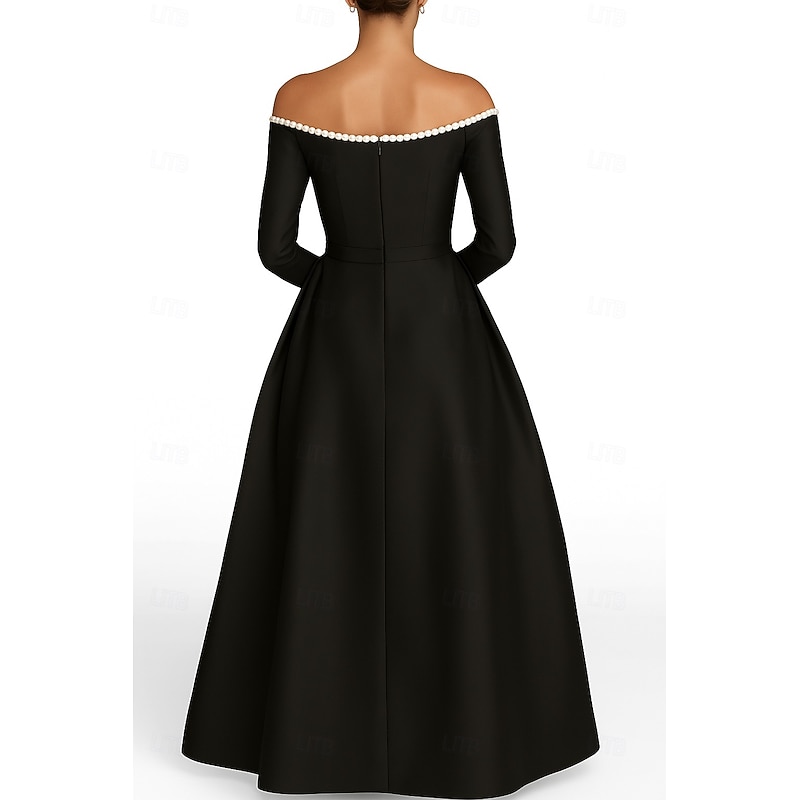 Black Tie A-Line Evening Gown Elegant Formal Dress Formal Wedding Floor Length Long Sleeve Off Shoulder Capes Satin with Pleats 20252