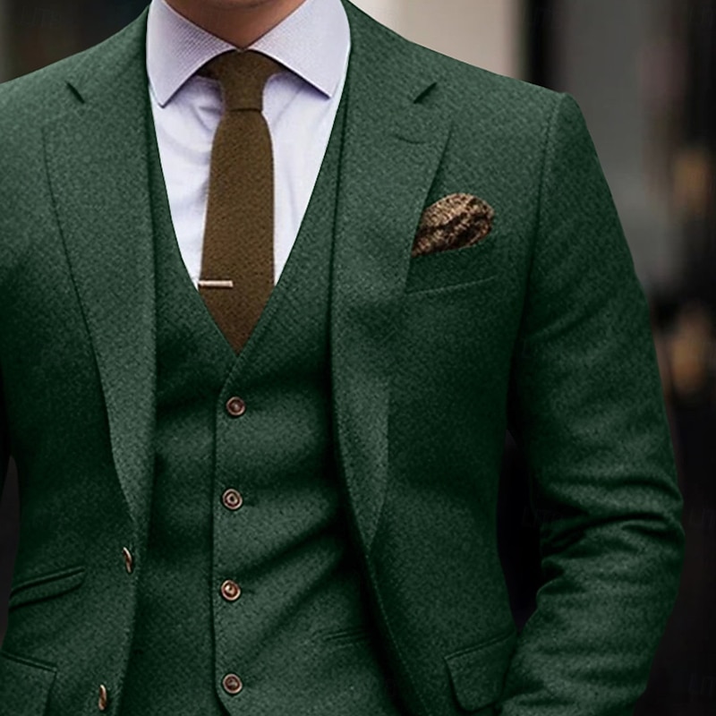 Green Men's Wedding Tweed Suits Solid Colored 3 Piece Retro Vintage Plus Size Single Breasted Two-buttons3