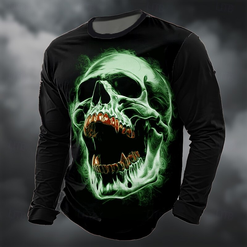 Halloween Men's Skull 3D T Shirt Long Sleeve T shirt 3D Print Crew Neck Shirt Fashion Exaggerated Street Casual Daily Blue Green Gray Summer Spring Fall Clothing Apparel S M L XL XXL XXXL3