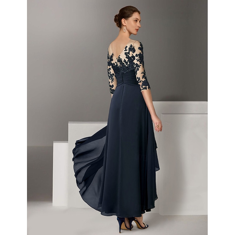 A-Line Mother of the Bride Cocktail Dresses Elegant Dress Wedding Guest Asymmetrical 3/4 Length Sleeve Jewel Neck Stretch Satin with Appliques2