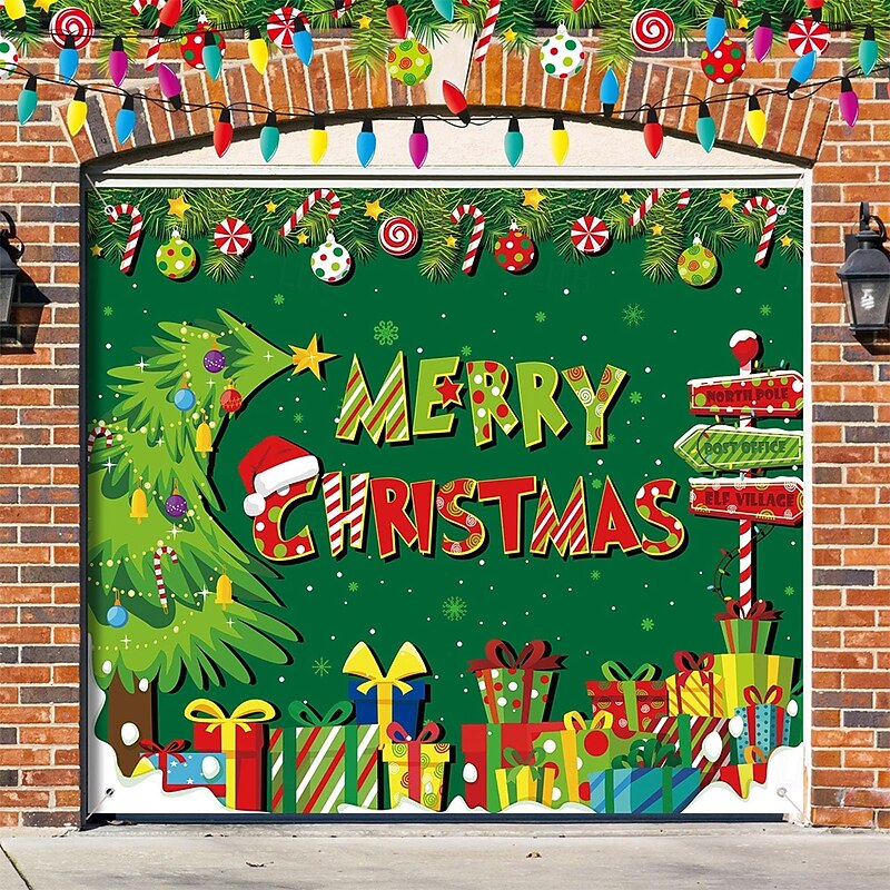 Christmas Garage Door Cover Large Hanging Backdrop Tree Christmas Shop Cute 3D Party Outdoor Holiday Shooting Backgrounds Yard Home Decor3