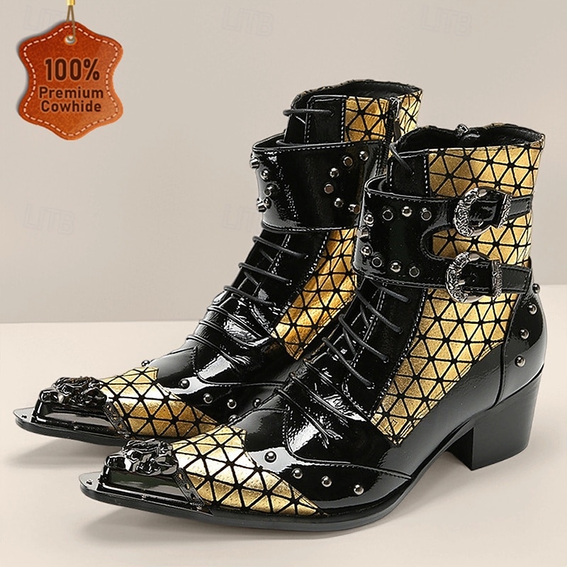 Men's Black and Gold Geometric Western Boots with Studded Detailing – Bold Fashion Footwear for Parties, Nightlife and Fashion Events