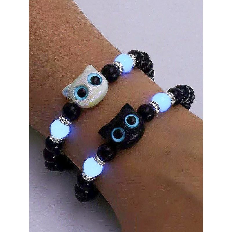 Women's Halloween Glow in the Dark Cat Beaded Bracelet – Cute Black and White Kitty Charm Stretch Wristband Jewelry for Party, Cosplay and Gifts2