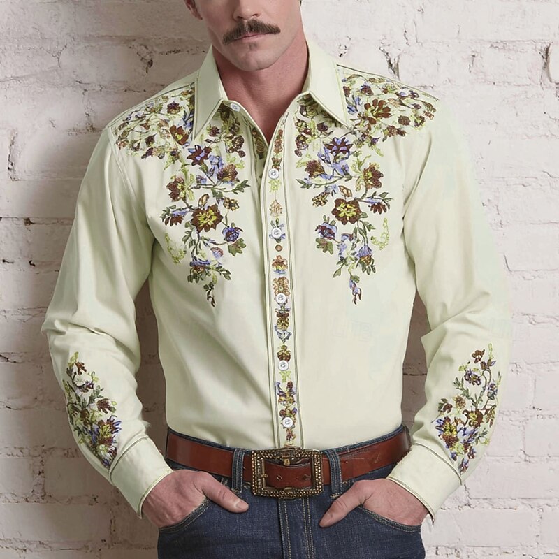 Men's Floral Print Ethnic Flowers Shirt Western Shirt Cowboy Shirt Long Sleeve Vintage Retro Outdoor Vacation Spring Fall Turndown 3D Print Linen Like Shirt Light Green Blue Purple Beige4