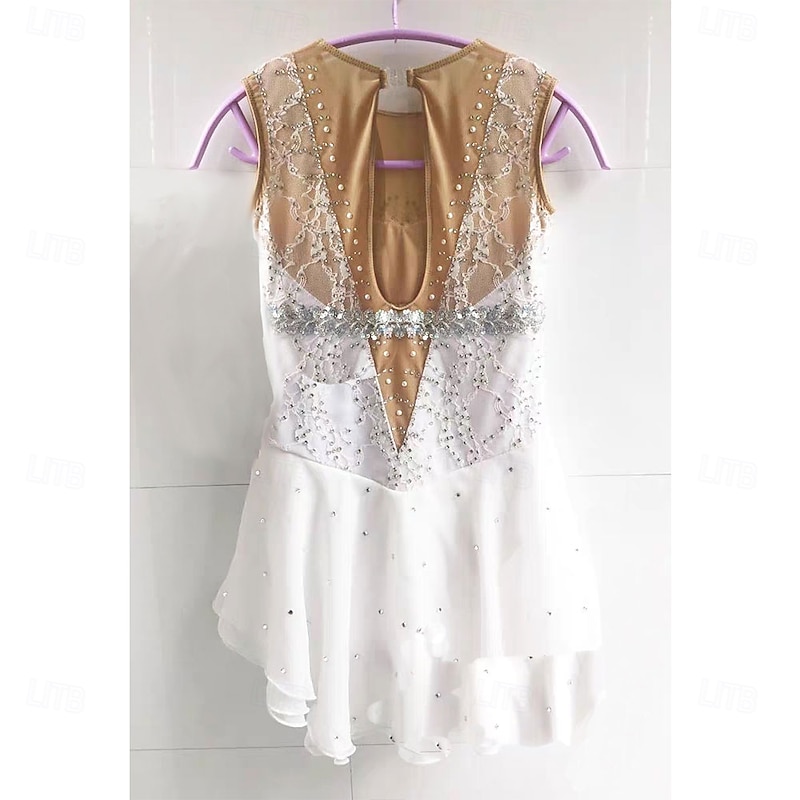 Figure Skating Dress Women's Girls' Ice Skating Dress White Patchwork Asymmetric Hem Spandex High Elasticity Training Professional Competition Skating Wear Classic Crystal / Rhinestone Sleeveless Ice4