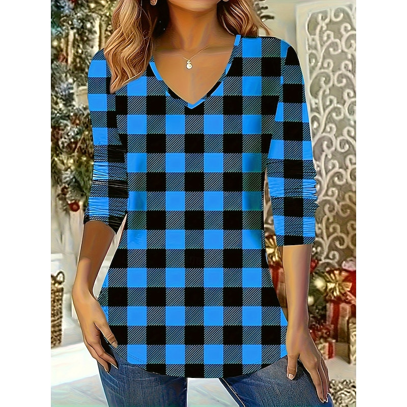 Christmas Women's Blouse Plaid Boho Long Sleeve V Neck Regular Tops Daily Red Blue Spring, Fall, Winter, Summer2