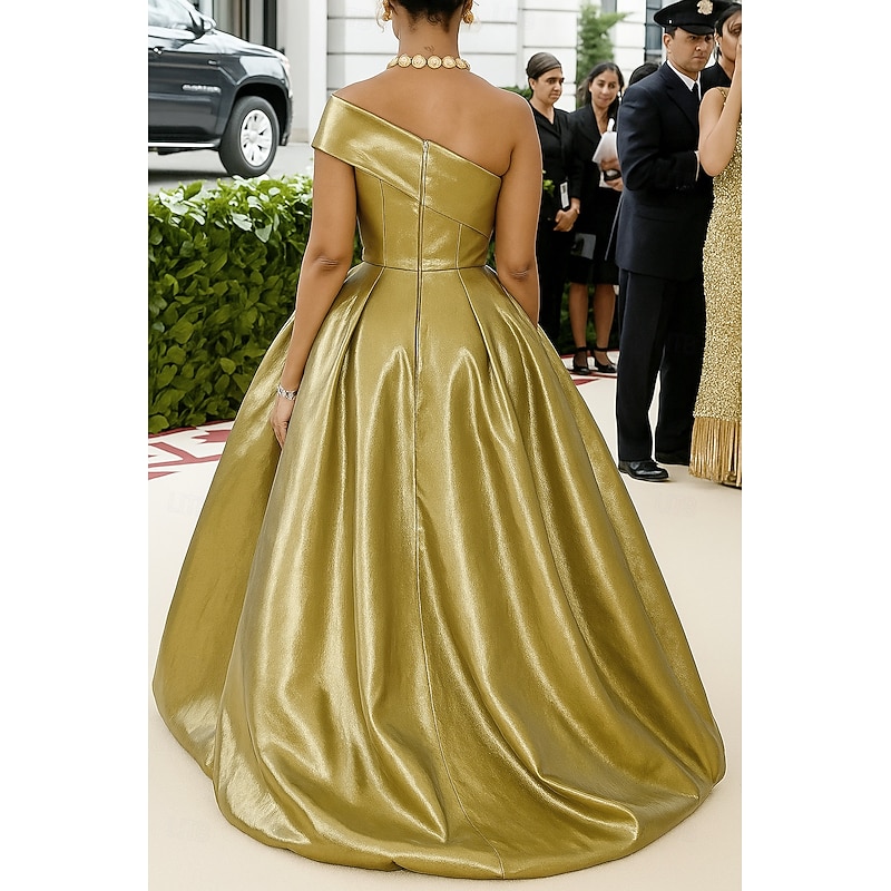 Gold Champagne A-Line Evening Gown Elegant Formal Dress Formal Wedding Floor Length Sleeveless One Shoulder Satin with Glitter 20252
