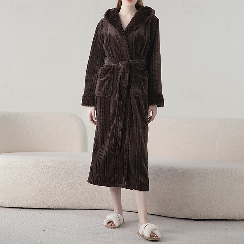 Women's Pajamas Robe Fashion Pure Color Pocket Vacation Home Bed Long Sleeve V Neck Navy Blue Purple Brown Beige Gray Fall Winter Tailored Fit3