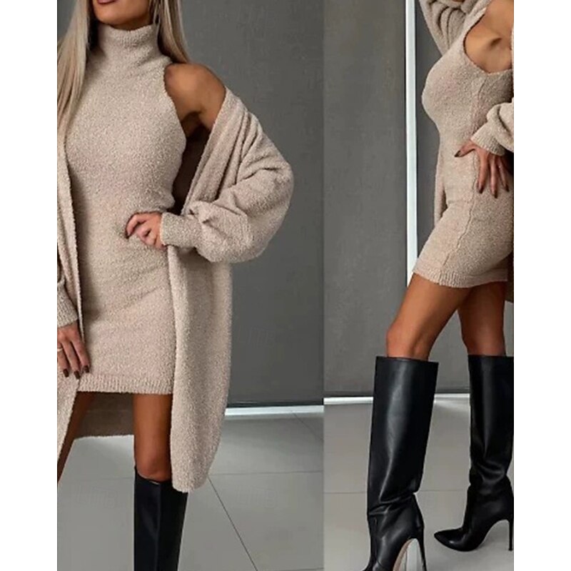 Women's Pajamas Nightgown Fashion Casual Pure Color Elastic Waist Dress Vacation Home Bed Long Sleeve Turtleneck Black White Khaki Fall Winter Regular Fit2