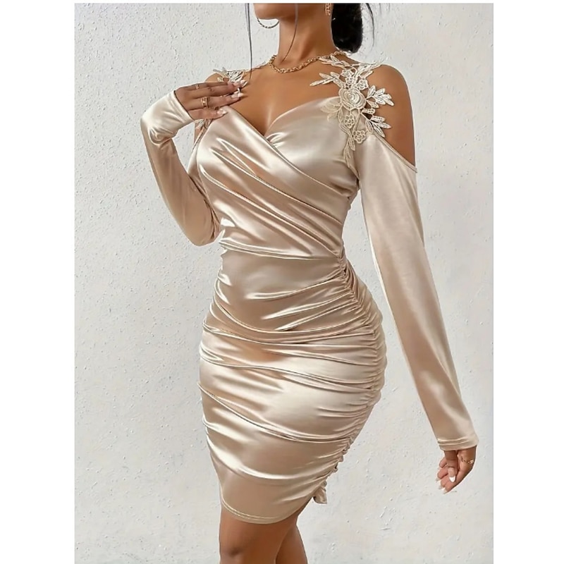 Women's Mini Dress Sheath Dress Off The Shoulder Dress Elegant Party Cocktail Outdoor Party Wedding Guest Regular Fit Solid Color Long Sleeve Strap Black Red Beige Summer4