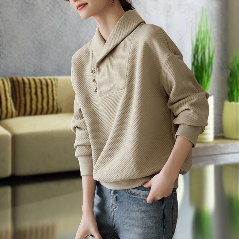 Women's Pullover Sweatshirt Plain Casual Long Sleeve V Neck Regular Tops Street Going out Patchwork Khaki Fall Winter2