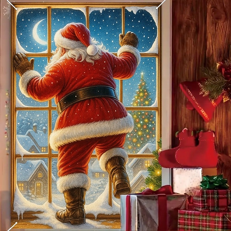Christmas Santa Climbing Curtain, 2025 Xmas Fun Window Curtain Door Cover for Holiday Party Decoration, Front Door Indoor Outdoor Hanging Tapestry3