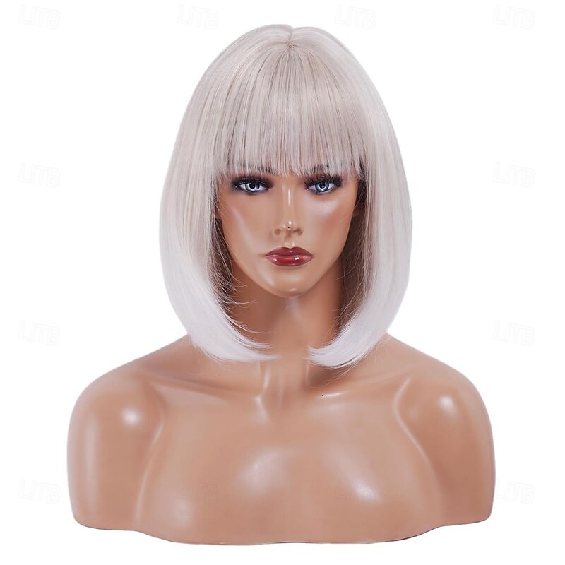 White Short Platinum Bob Wig with Bangs Ombre to Blonde Hair Synthetic Heat Resistant 12 Inch Wigs for Women