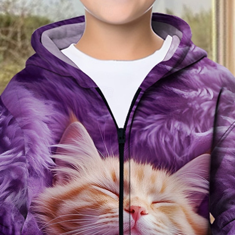 Boys' 3D Cat Hoodie Coat Outerwear Long Sleeve Spring Fall Fashion Streetwear Kids 4-12 Years Hooded Outdoor Casual Daily Regular Fit3