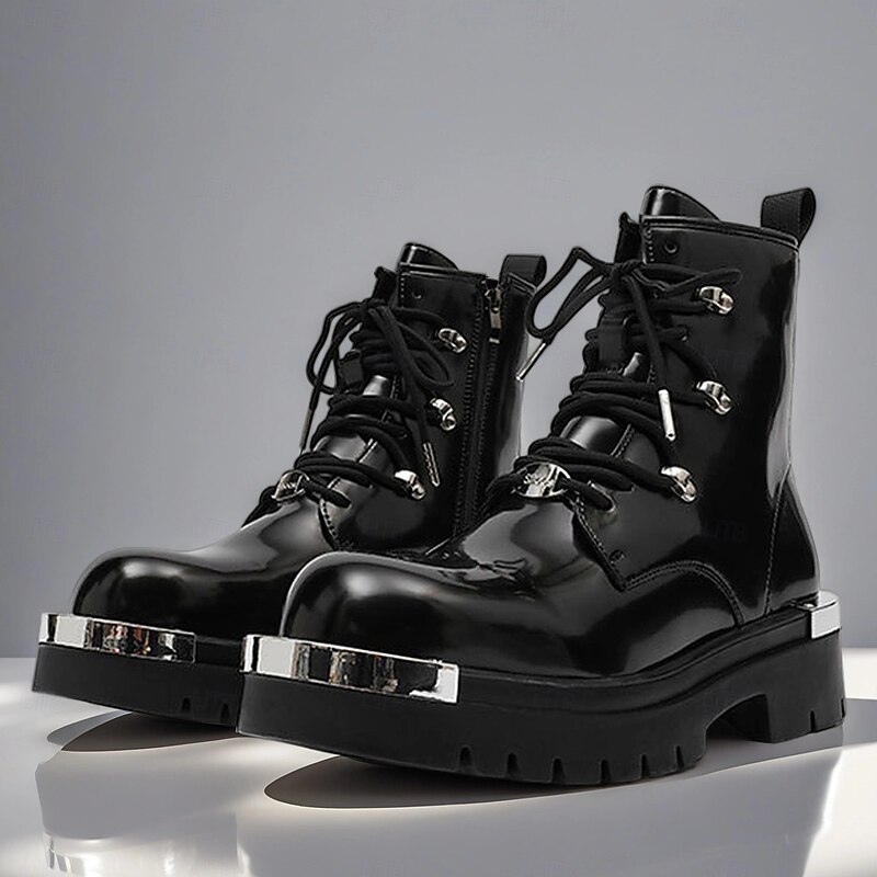 Men's Black Shiny Gothic Platform Boots Lace-Up Punk Combat Boots with Metal Plate Accents for Halloween Parties, Cosplay Events and Rock Stage Shows
