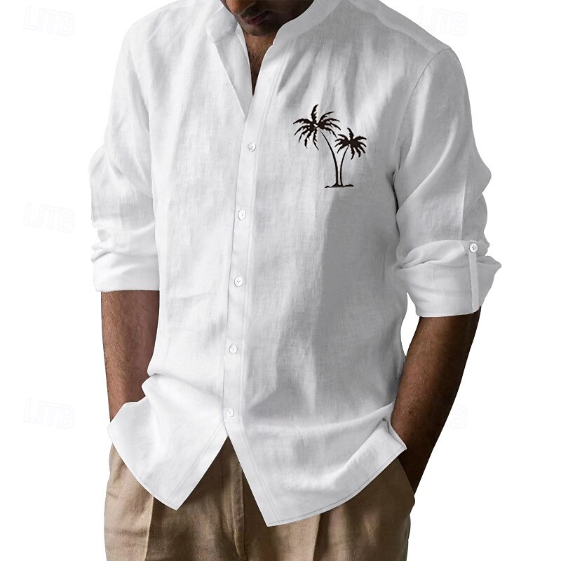 Men's Shirt Linen Shirt Casual Shirt Button Up Shirt Cotton Shirt Palm Tree Vacation Hawaiian Black White Khaki Gray Long Sleeve Band Collar Spring Fall Clothing Apparel Print