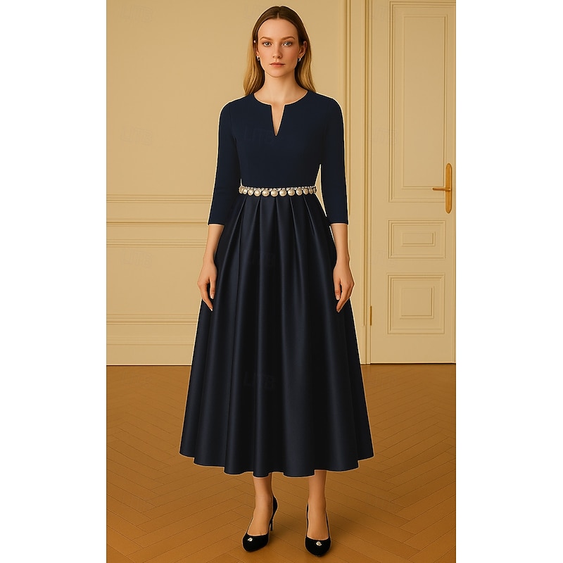 A-Line Mother of the Bride Cocktail Dresses Elegant Formal Dress Formal Wedding Tea Length 3/4 Length Sleeve V Neck Stretch Crepe Satin with Pearls 2025