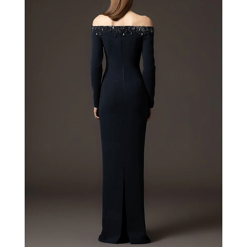 Black Tie Mermaid / Trumpet Evening Gown Elegant Formal Dress Formal Wedding Floor Length Long Sleeve Off Shoulder Stretch Crepe with Crystals 20253