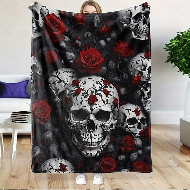 Halloween Fleece Throw Blanket for Couch Skeleton Rose Mexico Dark Punk Gothic Style Party Sofa Bed Decorative Warm Blanket Home Decor