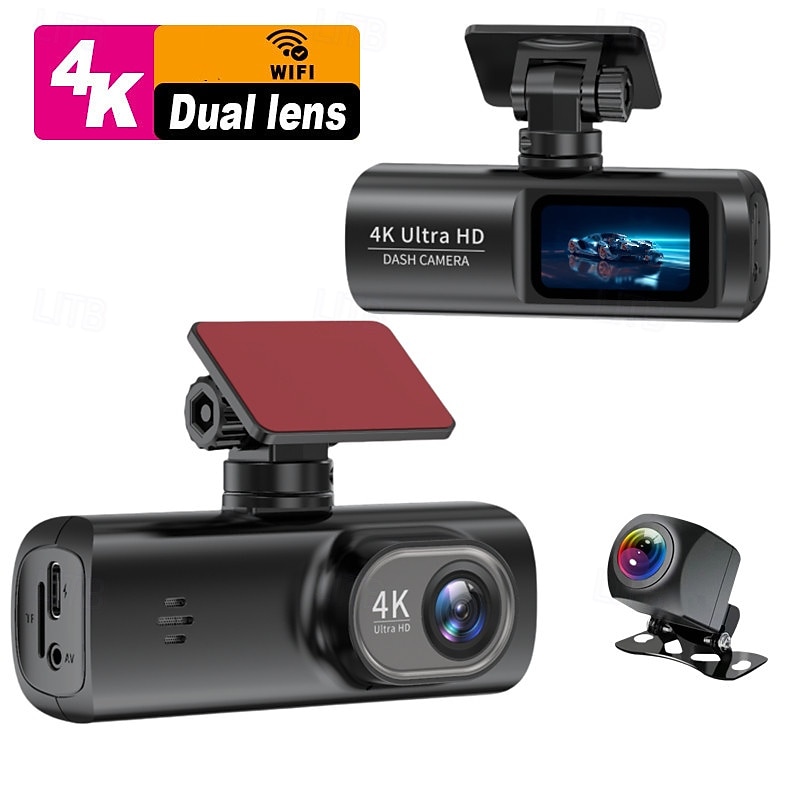 High-definition 4K front and 1080P rear dual-lens dash cam with WiFi mobile connectivity car DVR loop recording comes with a 32GB memory card.3