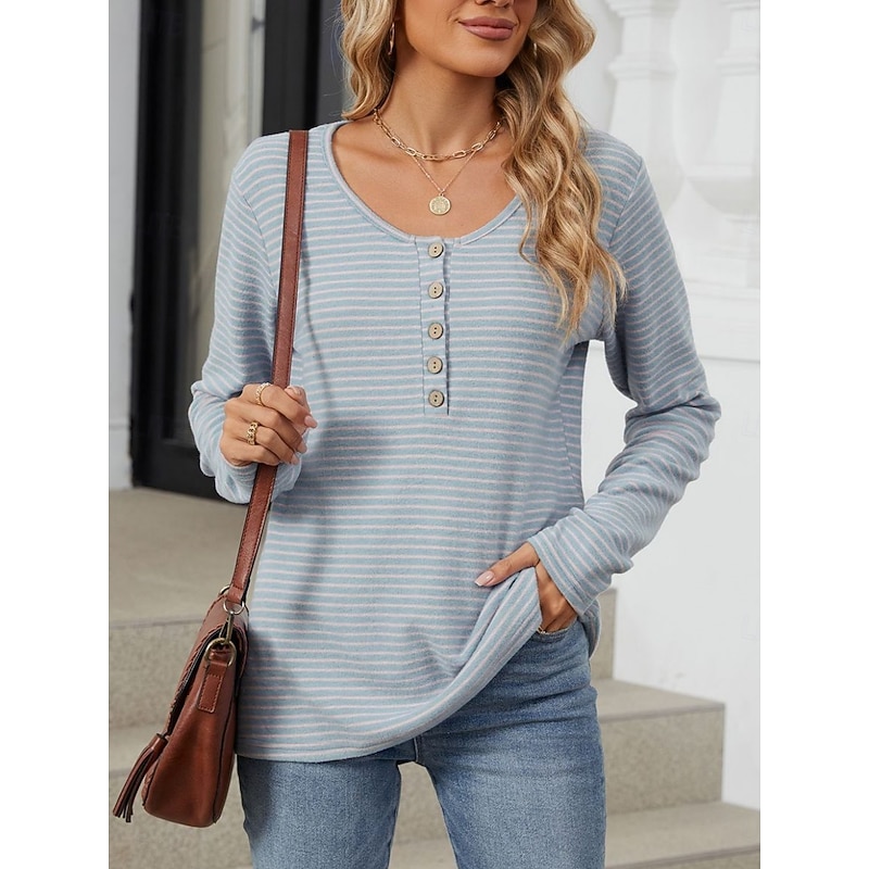 Women's Blouse Striped Stylish Casual Long Sleeve Crew Neck Regular Tops Daily Buttons Print Black Blue Green Gray Summer Spring Fall2