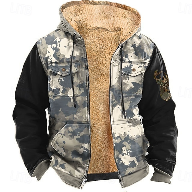 Men's Camo Camouflage Deer Fleece Hoodie Jacket Fashion Cool Hooded Hunting Green Khaki Zipper Pocket Fall Winter Designer2