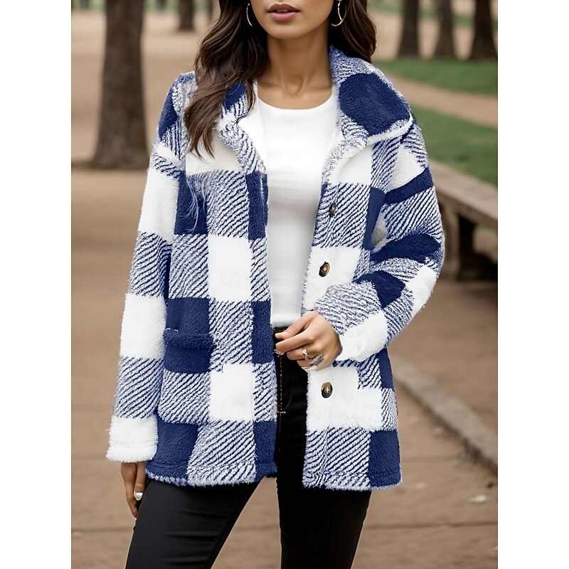 Women's Fleece Jacket Sherpa Jacket Casual Jacket Comfortable Breathable Pocket Buttons Print Casual Plaid Vacation Street Casual Daily Wear Single Breasted Long Turndown Regular Fit Long Sleeve4