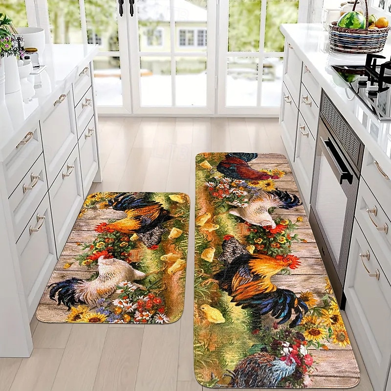 Kitchen Rugs & Mats Non-Skid Washable Anti-Fatigue, Non-Slip Absorbent Flannel Runner Rubber Backed for Floors, Machine Washable Farmhouse Rooster Standing Mats for Sink, Laundry Room, Hallway3