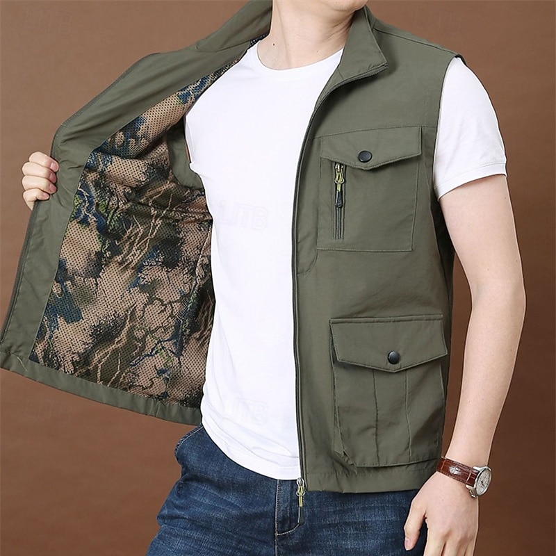 Men's Outdoor Vest Vest Fishing Vest Outdoor Daily Fashion Casual Spring Fall Pocket Nylon Comfortable Letter Zipper Stand Collar Regular Fit Black Royal Blue Khaki Army Green Vest2