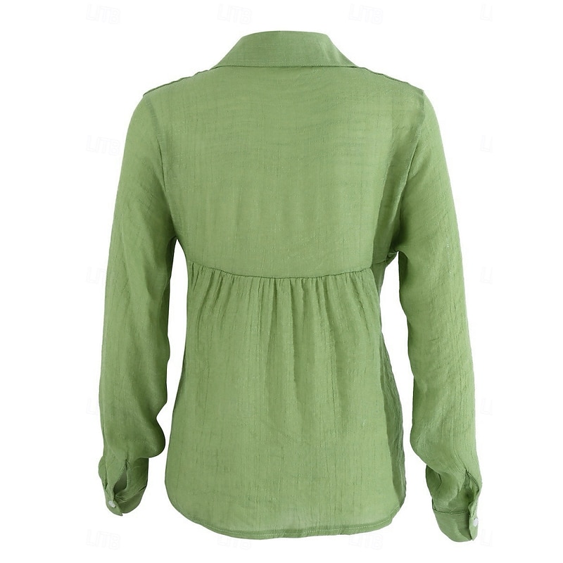 Women's Shirt Cotton Linen Shirts Button Up Blouse Solid Color Basic Casual Long Sleeve Shirt Collar Regular Tops Daily Buttons Yellow Green Summer Spring4