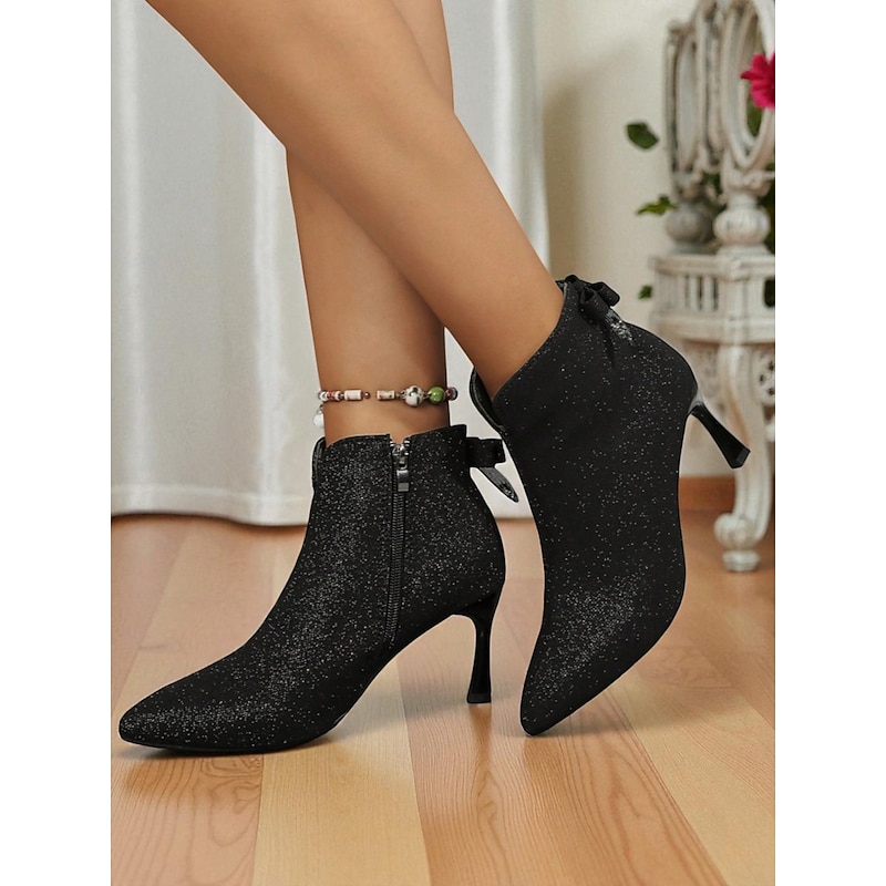 Women's Glitter Ankle Boots with Pointed Toe and Kitten Heel - Elegant Black Side-Zip Booties with Bow Detail for Parties, Date Nights and Holiday Events - Main Image