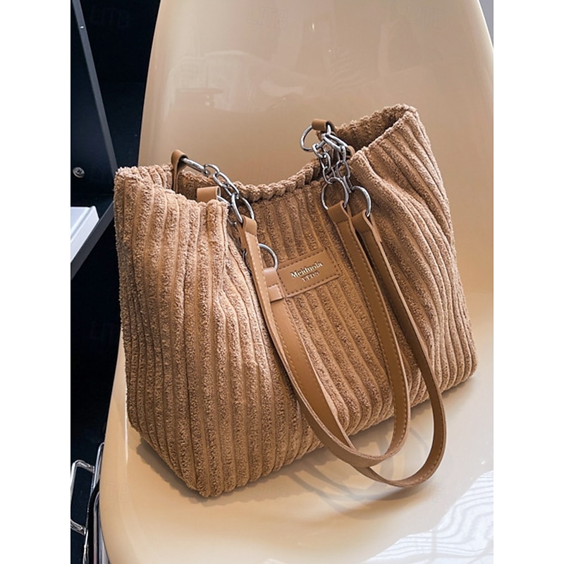 Women's Corduroy Tote Shoulder Bag with Leather Straps, Casual Large Capacity Handbag for Shopping, Travel, Work and Daily Use