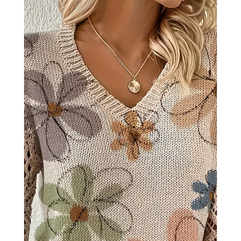 Women's Sweater Fashion Basic Casual Floral Ribbed V Neck Knitted Long Sleeve Regular Tops Knit Outdoor Daily Weekend Green Spring Fall2