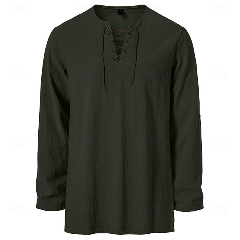 Medieval Renaissance 17th Century Medium Length Blouse / Shirt Cosplay Costume Knight Ritter Viking Celtic Knight Drawstring Solid Color Fancy Dress Men's Pirate Halloween Masquerade Casual Daily4