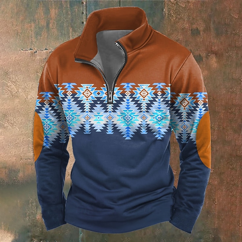 Men's Bandana Print Sweatshirt Ethnic Vintage Retro High Neck Outdoor Sports Outdoor Blue Khaki Zipper Quarter Zip Fall Winter Designer