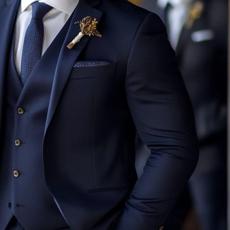Men's Wedding Wedding Suits Notch Lapel Navy Blue Formal Solid Colored Standard Fit 3 Piece2