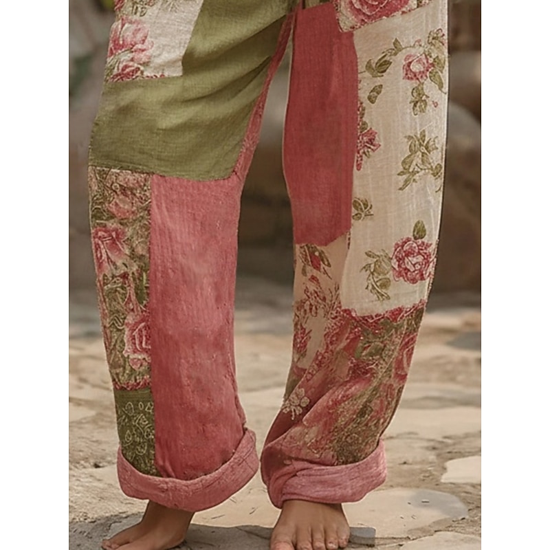 Women's Wide Leg Pants Trousers Vacation Vintage Fashion Full Length Mid Waist Floral Drawstring Patchwork Pocket Comfy Breathability Inelastic Micro-elastic Formal Outdoor Vacation Pink Summer3