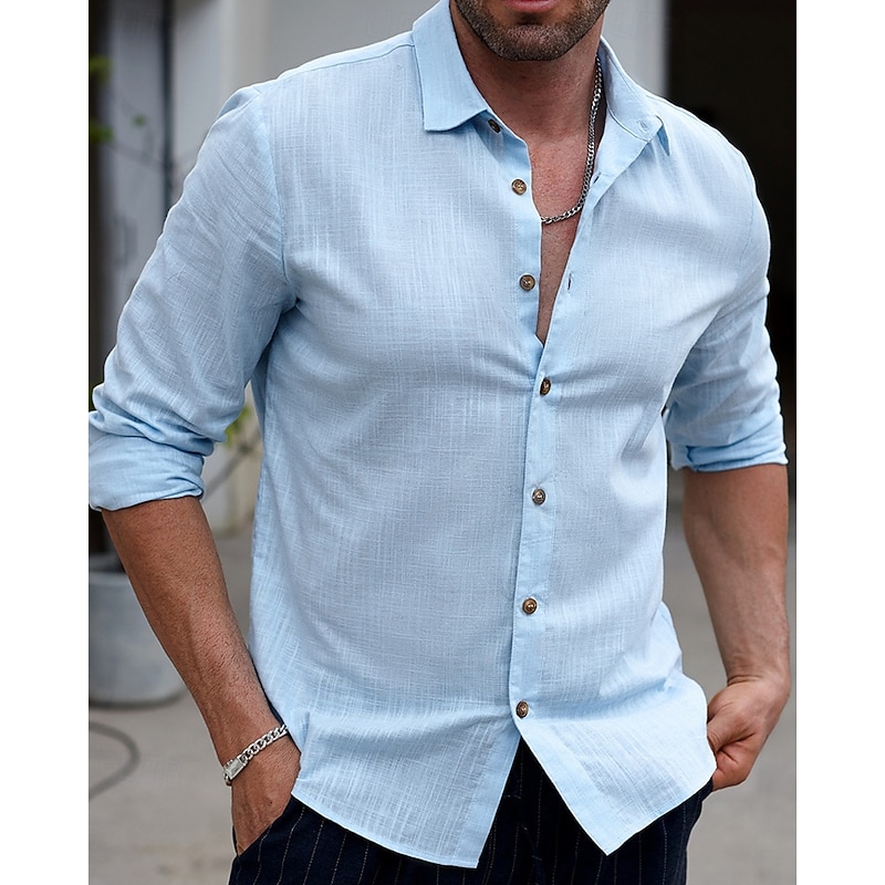 Men's Shirt Summer Shirt Casual Shirt Beach Shirt Button Up Shirt Light Blue Long Sleeve Plain Lapel Vacation Hawaiian Clothing Apparel Fashion Casual Comfortable