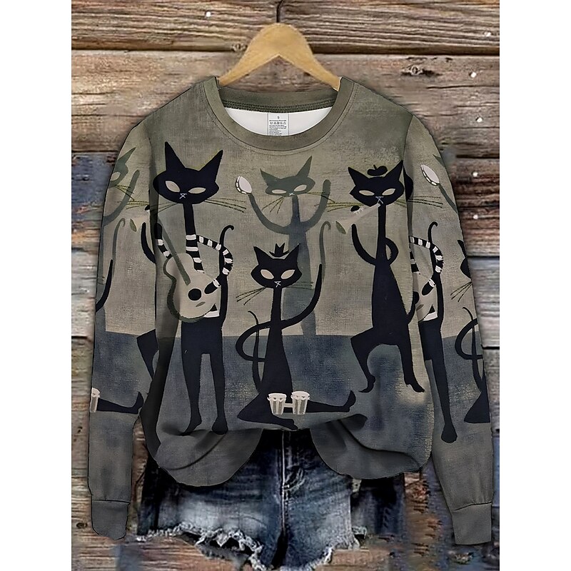Women's Pullover Sweatshirt Hoodies Graphic Cat Halloween Fashion Casual Long Sleeve Crew Neck Round Neck Regular Tops Street Dailywear Print Dark Gray Spring Fall Winter3