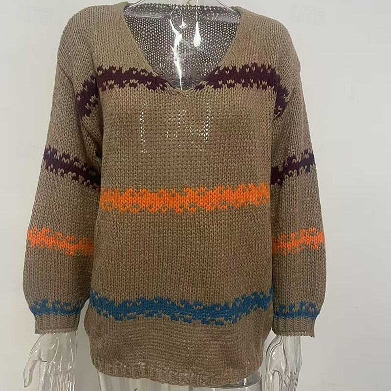 Women's Sweater Pullover Streetwear Casual Striped V Neck Stripe Knitted Long Sleeve Regular Tops Knit Daily Holiday Going out Khaki Fall Winter4