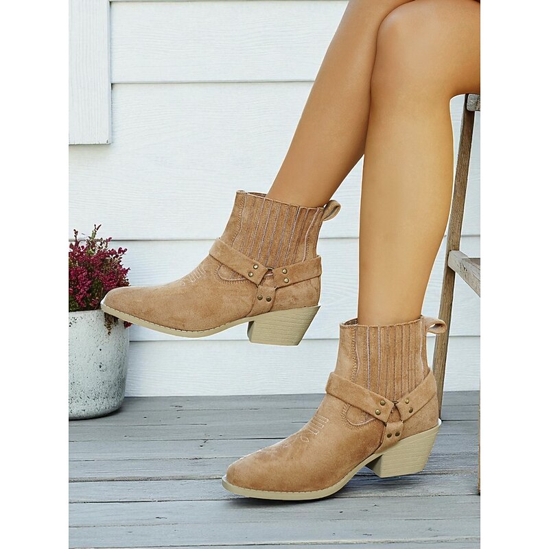 Women's Khaki Faux Suede Ankle Boots with Strap Buckle, Western Style Block Heel Short Boots for Casual Wear2