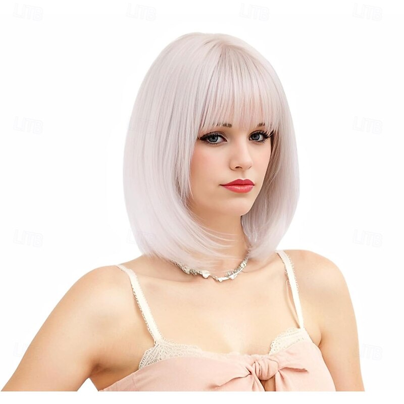 White Short Platinum Bob Wig with Bangs Ombre to Blonde Hair Synthetic Heat Resistant 12 Inch Wigs for Women4