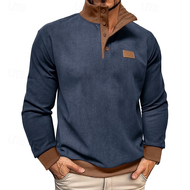 Men's Sweatshirt Corduroy Fleece Sweatshirt Pullover Hoodie Sweatshirt Button Up Hoodie Apricot Black Army Green Navy Blue Blue Standing Collar Plain Patchwork Sports & Outdoor Casual Daily3