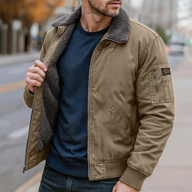 Men Outdoor Jacket Bomber Jacket Padded Sherpa Training Outdoor Thermal Warm Windbreaker Fleece Collar Winter Solid Color Casual Collar Regular Black Khaki Army Green Jacket