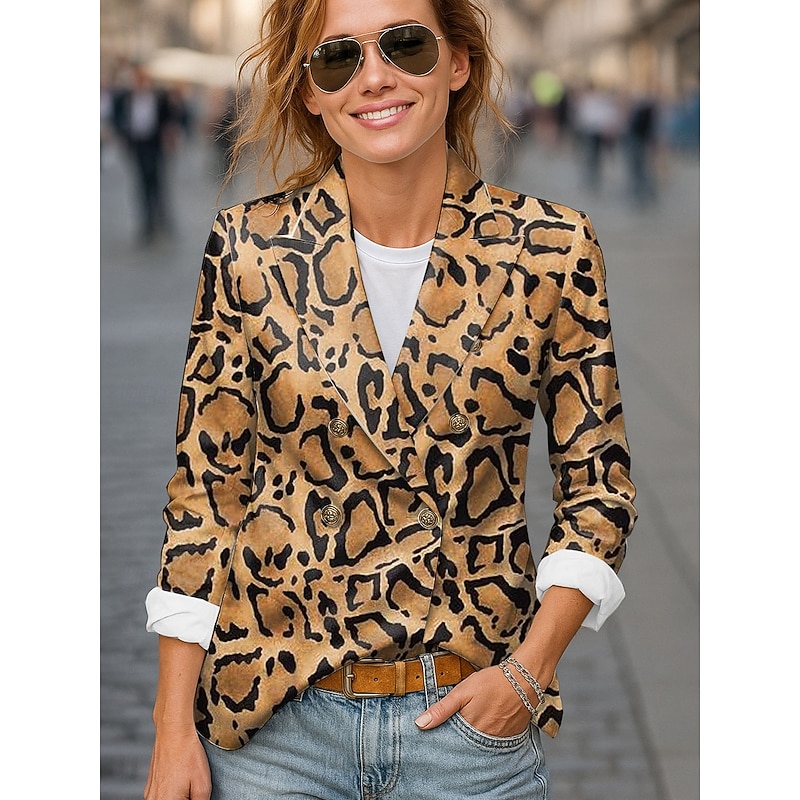 Women's Blazer Comfortable Breathable Buttons Print Fashion Casual Leopard Office Street Casual Daily Wear Double Breasted Regular Notch Lapel Regular Fit Long Sleeve Outerwear Black Yellow Red4