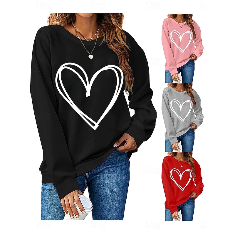 Women's Pullover Sweatshirt Heart Graphic Geometric Fashion Casual Long Sleeve Crew Neck Round Neck Regular Tops Street Dailywear Casual Print Black Pink Red Gray Fall Winter